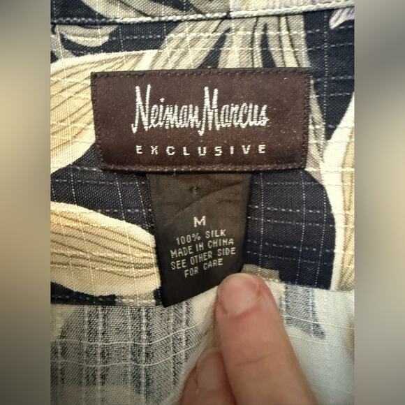 VTG Neiman Marcus Men’s black SILK Leaf Palm Tree Hawaiian cabana Shirt M - Picture 6 of 9